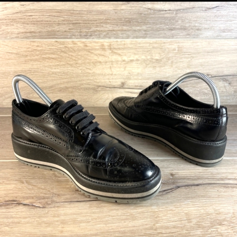 Prada Wingtip Brogue Oxford Platform Black  Patent Leather Shoes Size 38 - Picture 9 of 12